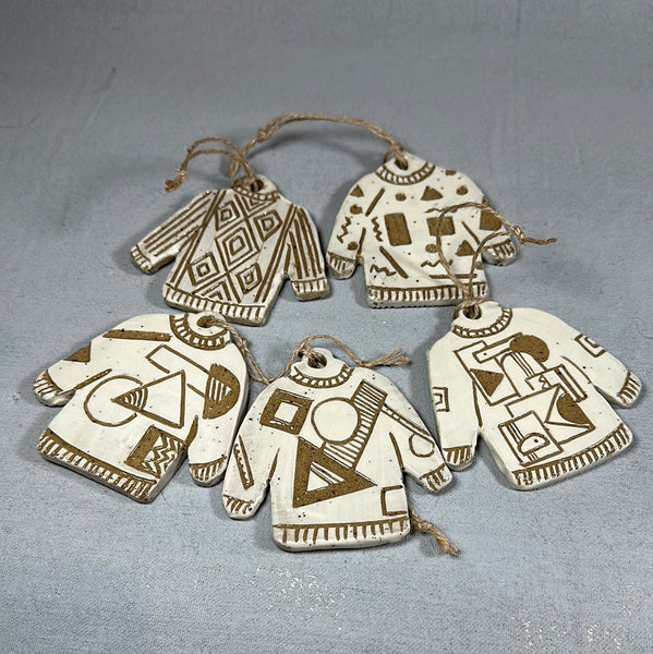 80’s style Sweater ornaments in natural tones of white and brown